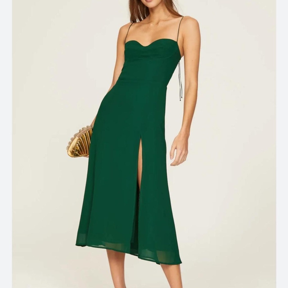 NWOT Reformation Dark Green Midi Wedding Guest Dress with Spaghetti Straps